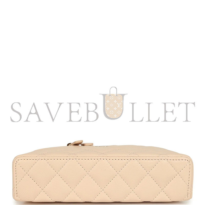 CHANEL MASTER TOP HANDLE LONG VANITY CASE WITH CHAIN LIGHT BEIGE SHINY CAVIAR LIGHT GOLD HARDWARE AP4385 (19*14*5cm)